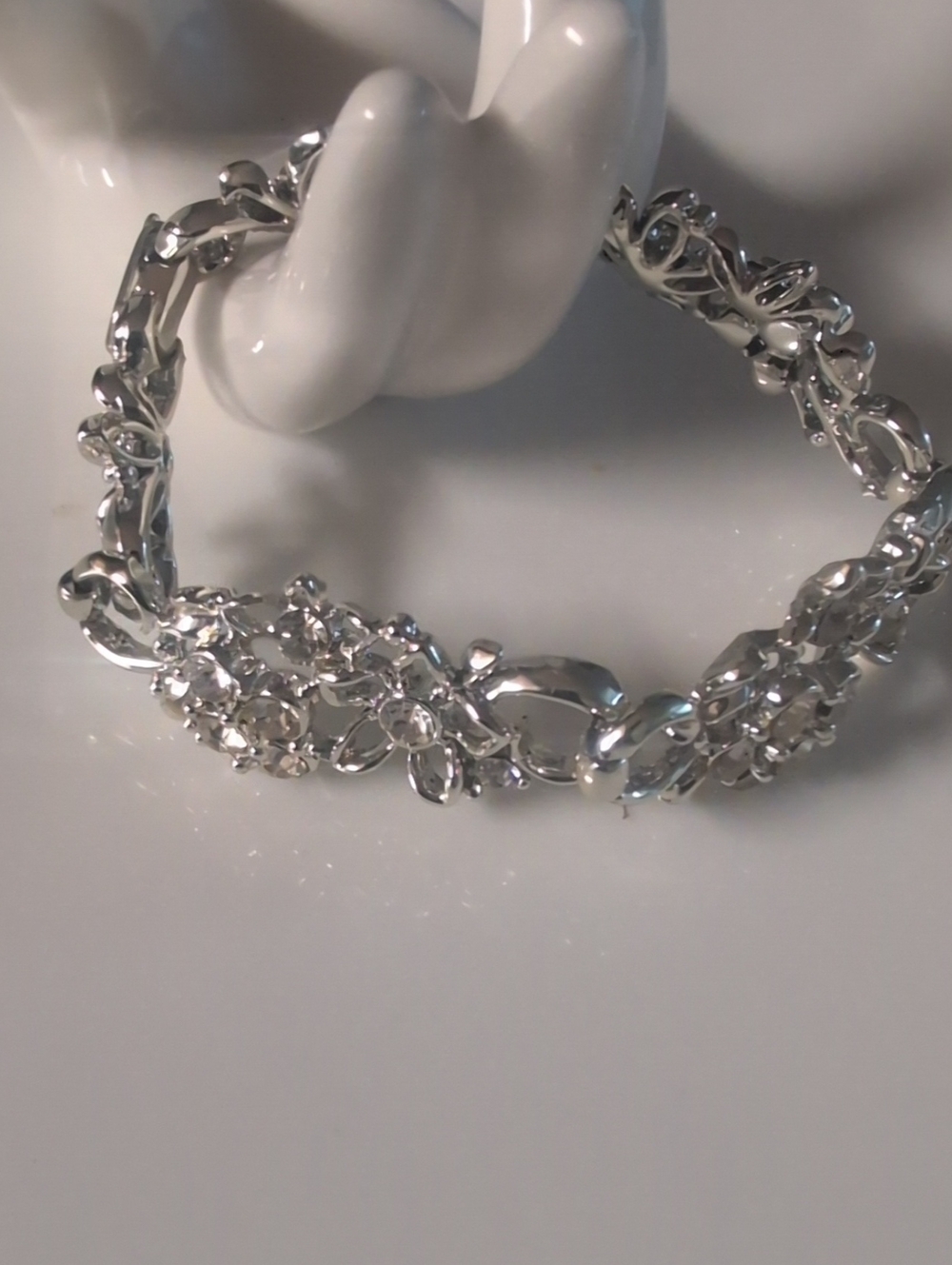 Vintage Inspired Silver Floral Crystal Link Bracelet -
